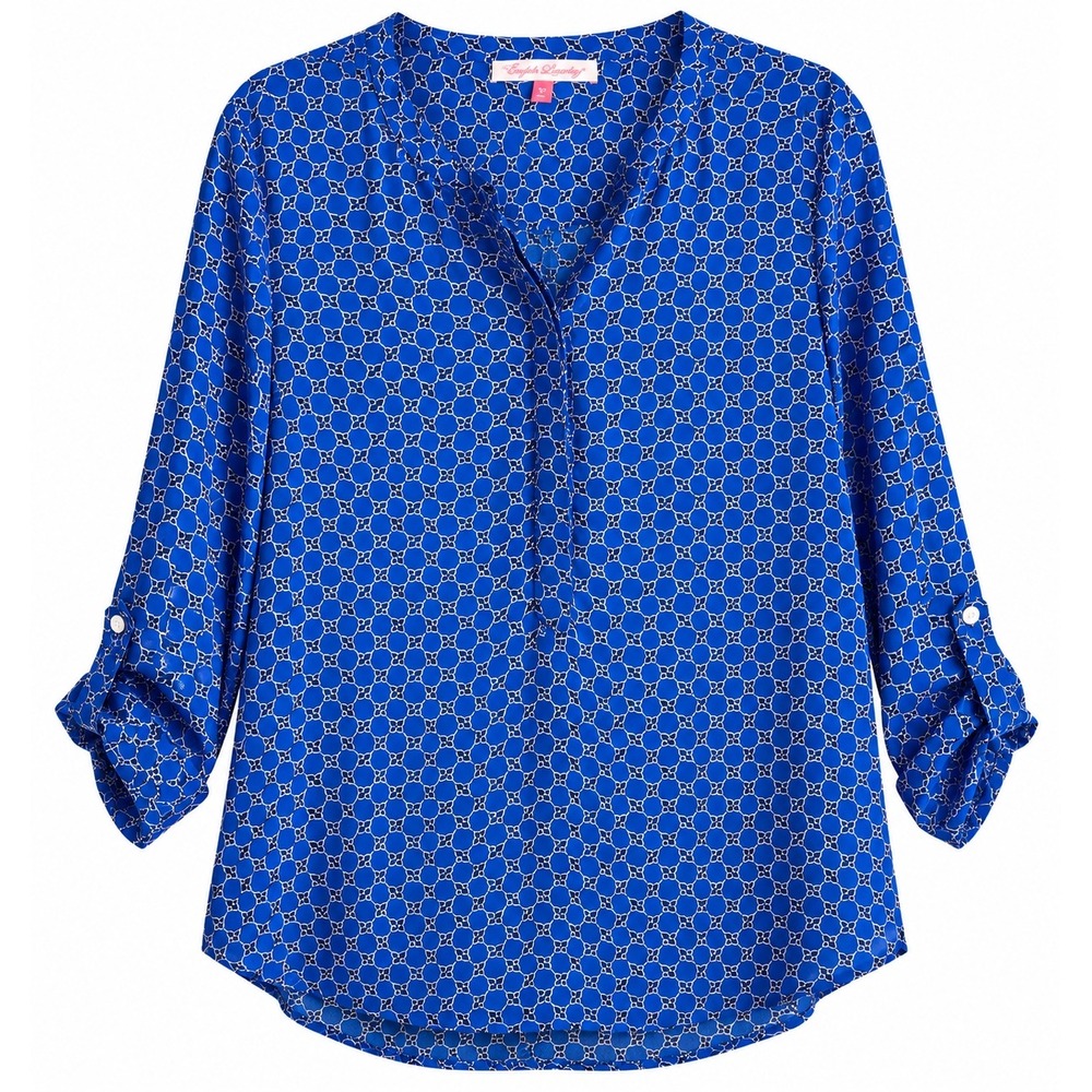 English Laundry Tunic Top Large Blue Nautical Print Roll Tab Sleeve Preppy